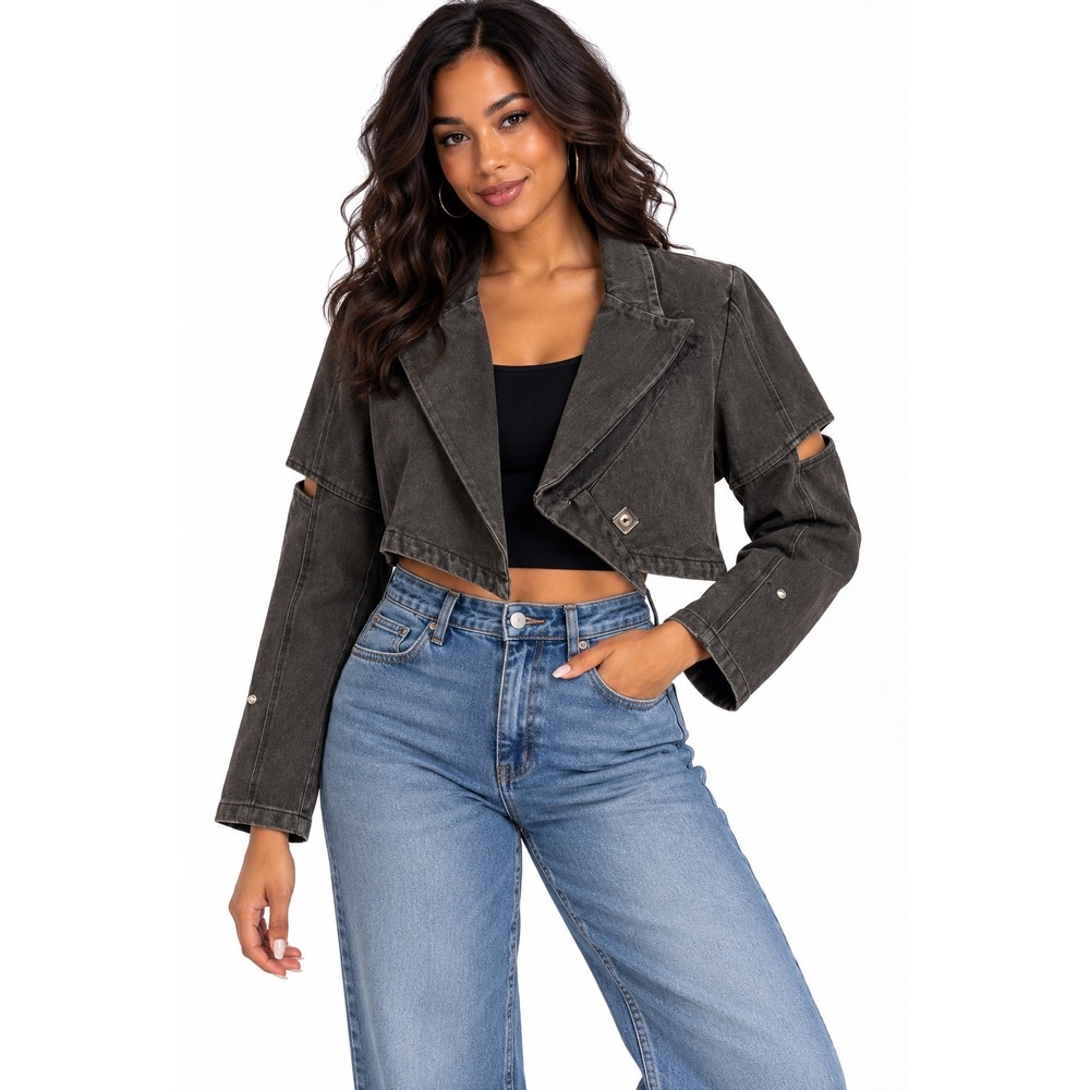 Fancy Dream Washed Black Cropped Denim Jacket Asymmetrical Cut Out Elbows